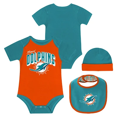 Newborn & Infant Miami Dolphins Dynamic Duo Bodysuit, Bib & Knit Hat Set