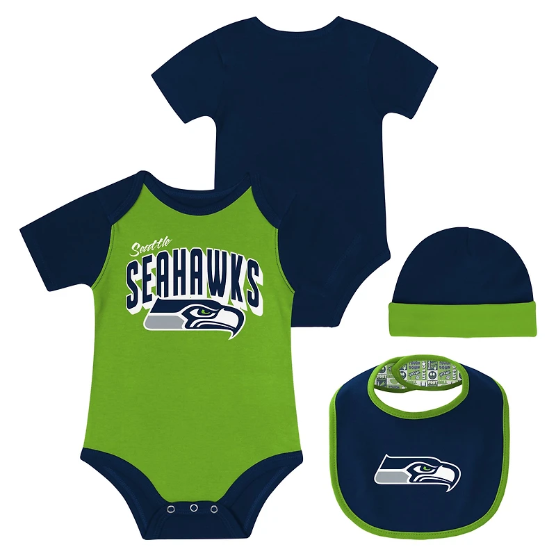 Newborn & Infant Seattle Seahawks Dynamic Duo Bodysuit, Bib & Knit Hat Set