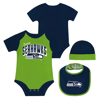 Newborn & Infant Seattle Seahawks Dynamic Duo Bodysuit, Bib & Knit Hat Set