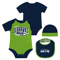 Newborn & Infant Seattle Seahawks Dynamic Duo Bodysuit, Bib & Knit Hat Set