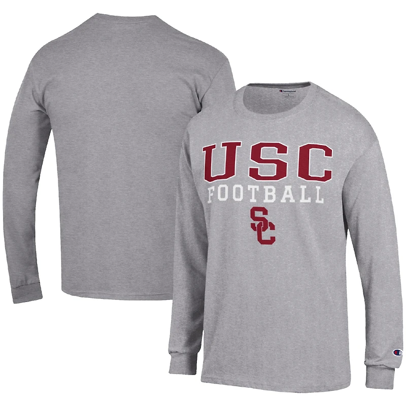 Men's Champion Heather Gray USC Trojans Football Stack Long Sleeve T-Shirt