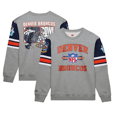 Men's Mitchell & Ness Heather Gray Denver Broncos All Over 4.0 Vintage Logo Pullover Sweatshirt