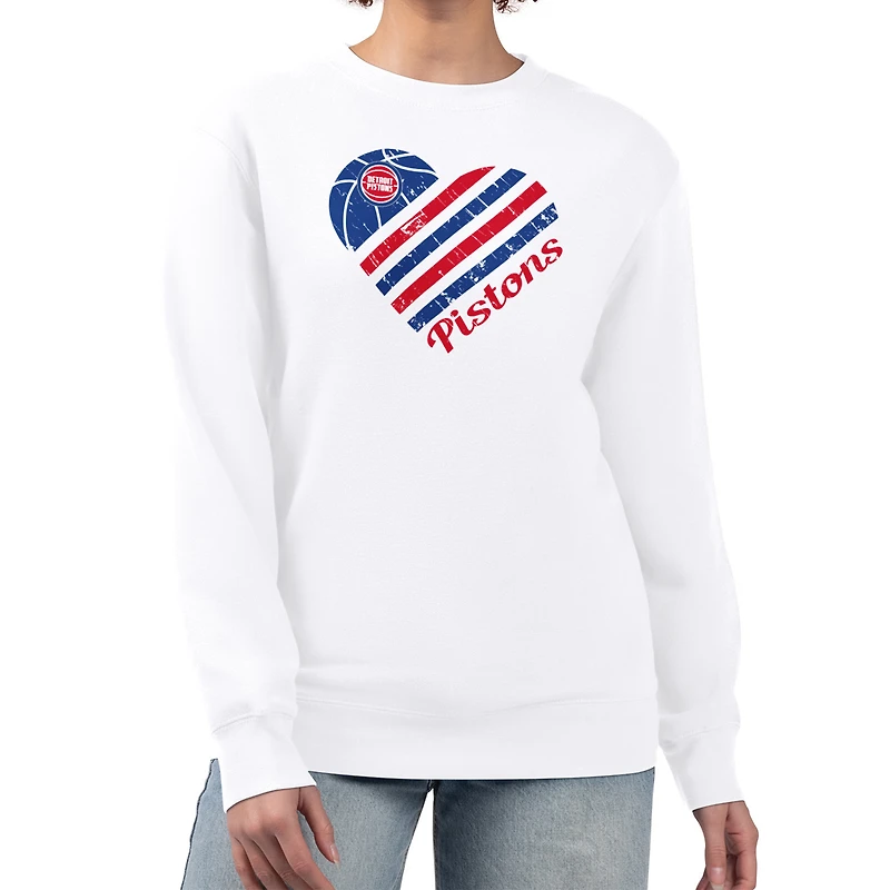 Women's G-III 4Her by Carl Banks  White Detroit Pistons Heart Graphic Fleece Pullover Sweatshirt
