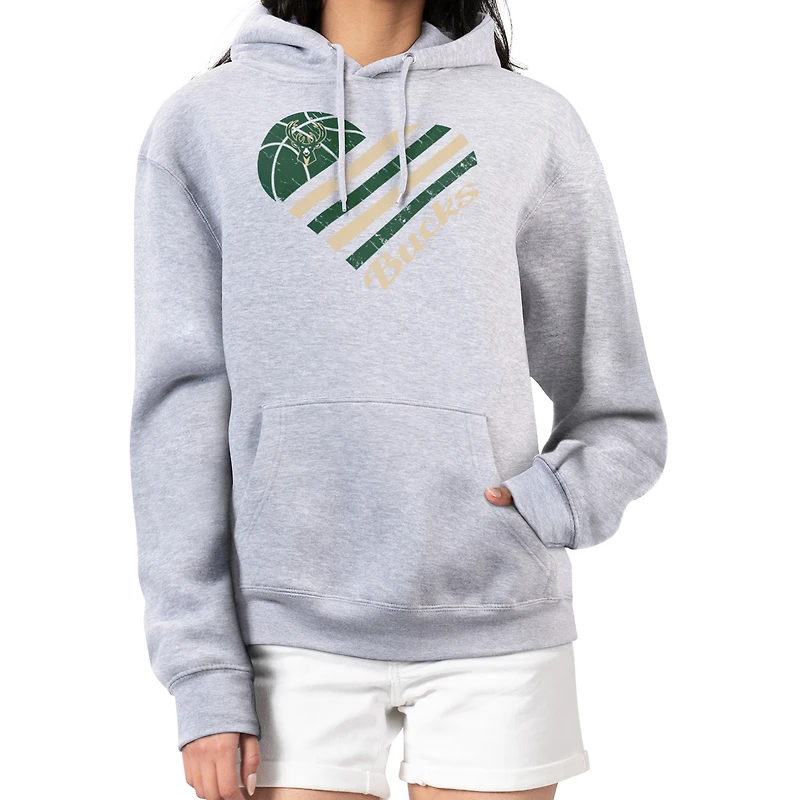 Women's G-III 4Her by Carl Banks  Heather Gray Milwaukee Bucks Heart Pullover Hoodie