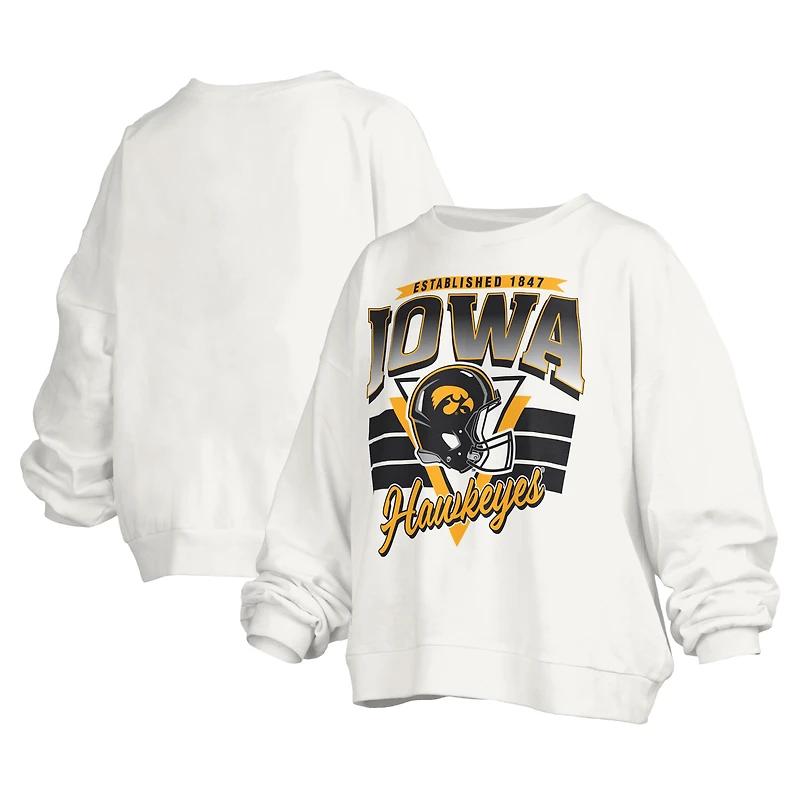 Women's Pressbox White Iowa Hawkeyes Janice Retro Logo Oversized Pullover Sweatshirt