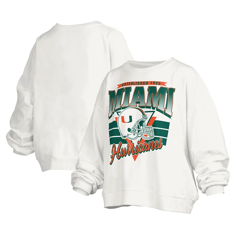 Women's Pressbox White Miami Hurricanes Janice Retro Logo Oversized Pullover Sweatshirt