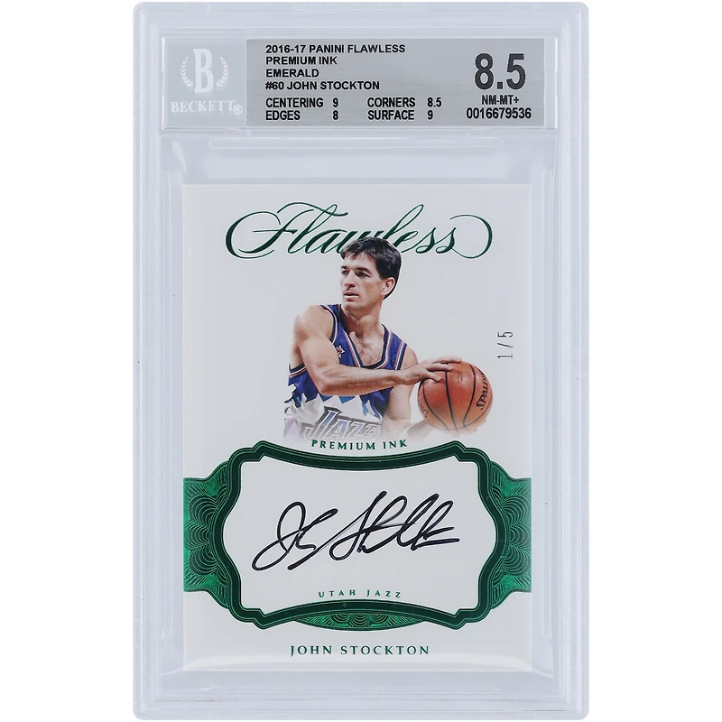 John Stockton Utah Jazz Autographed 2016-17 Panini Flawless Emerald #PI-JS #1/5 BGS Authenticated 8.5 Card - 9,8.5,8,9 Subgrades