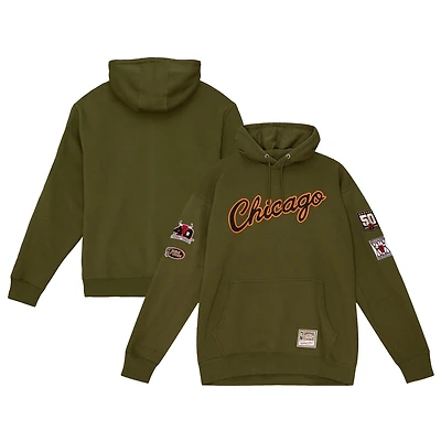 Men's Mitchell & Ness  Olive Chicago Bulls Hardwood Classics Script Flight Pullover Hoodie