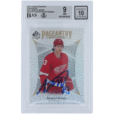 Moritz Seider Detroit Red Wings Autographed 2021-22 Upper Deck SP Authentic Pageantry #P-74 Beckett Fanatics Witnessed Authenticated 9/10 Rookie Card
