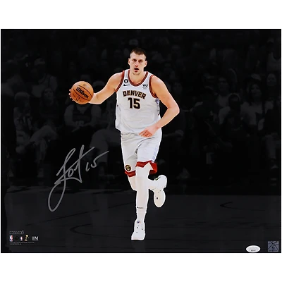 Nikola Jokic Denver Nuggets Autographed 16" x 20" Dribbling Spotlight Photograph - Signed in Silver Ink - JSA