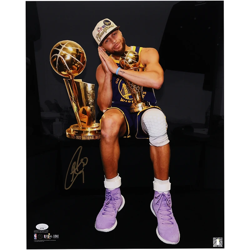 Stephen Curry Golden State Warriors Autographed 16" x 20" Holding Trophy Spotlight Photograph - Signed in Gold Ink - JSA