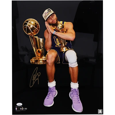 Stephen Curry Golden State Warriors Autographed 16" x 20" Holding Trophy Spotlight Photograph - Signed in Gold Ink - JSA