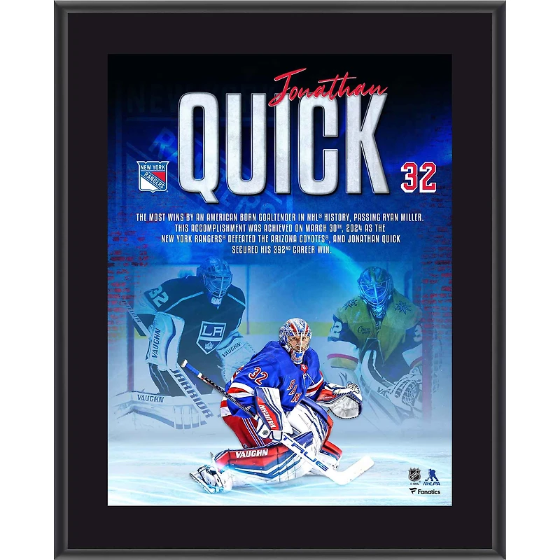 Jonathan Quick New York Rangers 10" x 13" American-Born Win Record Sublimated Plaque