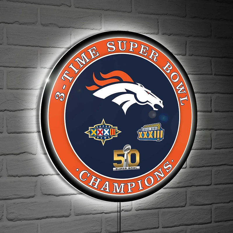 Denver Broncos Three-Time Super Bowl Champions XL Round LED Wall Sign