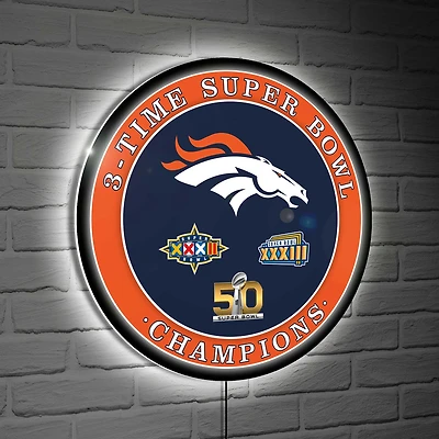 Denver Broncos Three-Time Super Bowl Champions XL Round LED Wall Sign
