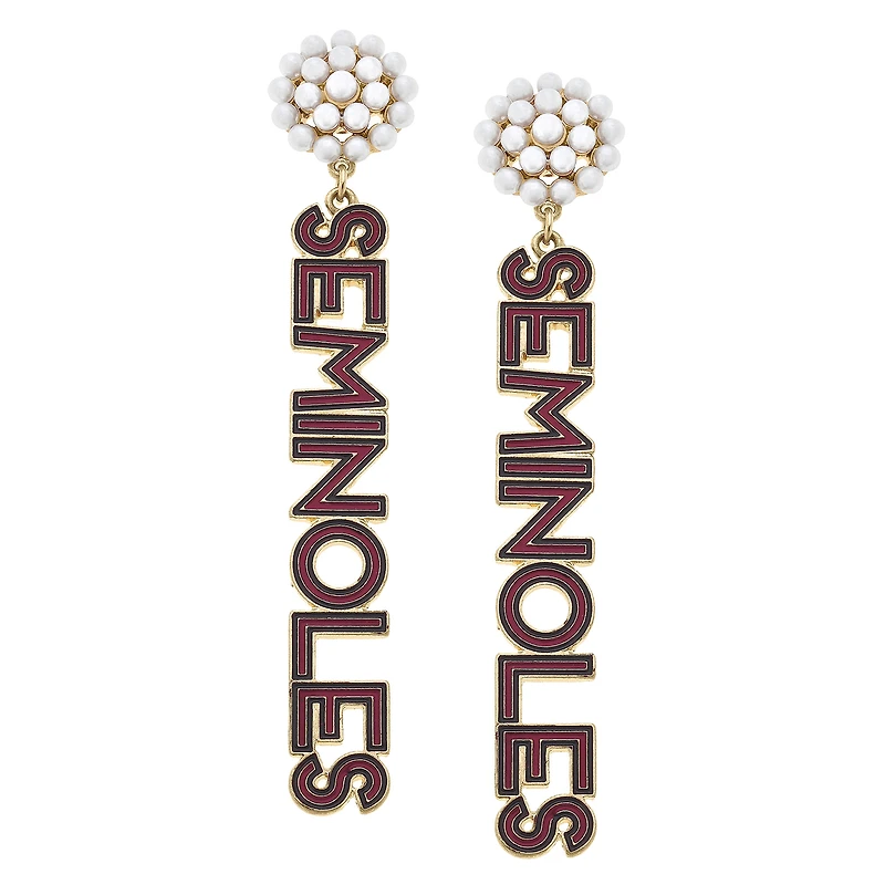 Women' CANVAS Style Florida State Seminoles Pearl Cluster Outline Enamel Drop Earrings