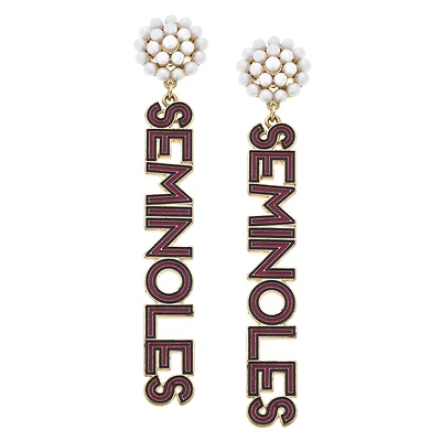 Women' CANVAS Style Florida State Seminoles Pearl Cluster Outline Enamel Drop Earrings