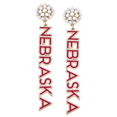 Women' CANVAS Style Nebraska Huskers Pearl Cluster Outline Enamel Drop Earrings