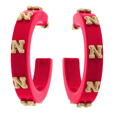 Women' CANVAS Style Nebraska Huskers Resin Logo Hoop Earrings