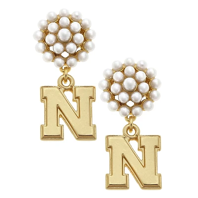 Women' CANVAS Style Nebraska Huskers Pearl Cluster 24K Gold Drop Earrings