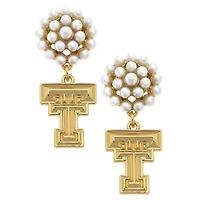 Women' CANVAS Style Texas Tech Red Raiders Pearl Cluster 24K Gold Drop Earrings