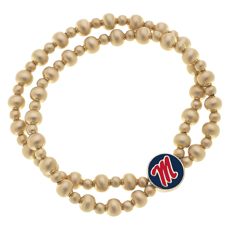 Women' CANVAS Style Ole Miss Rebels Two-Row Ball Bead Stretch Bracelet