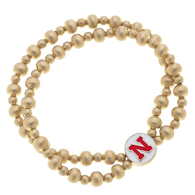 Women' CANVAS Style Nebraska Huskers Two-Row Ball Bead Stretch Bracelet