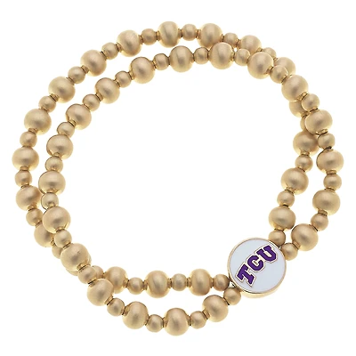 Women' CANVAS Style TCU Horned Frogs Two-Row Ball Bead Stretch Bracelet
