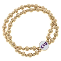 Women' CANVAS Style TCU Horned Frogs Two-Row Ball Bead Stretch Bracelet