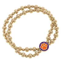 Women' CANVAS Style Clemson Tigers Two-Row Ball Bead Stretch Bracelet