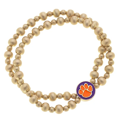 Women' CANVAS Style Clemson Tigers Two-Row Ball Bead Stretch Bracelet