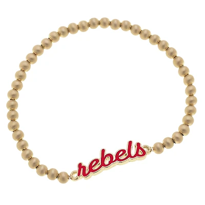 Women' CANVAS Style Ole Miss Rebels Enamel Script Ball Bead Stretch Bracelet