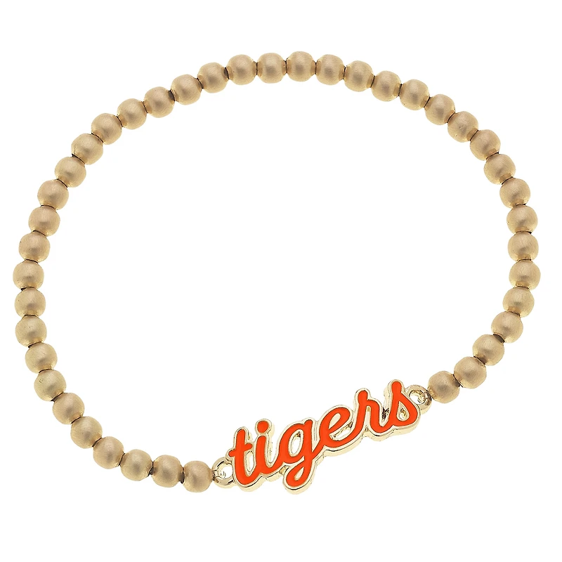 Women' CANVAS Style Auburn Tigers Enamel Script Ball Bead Stretch Bracelet