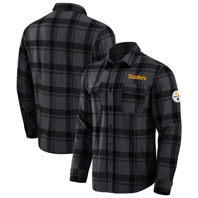 Men's Darius Rucker Collection by Fanatics Black Pittsburgh Steelers Relaxed Tri-Blend Plaid Button-Up Shirt