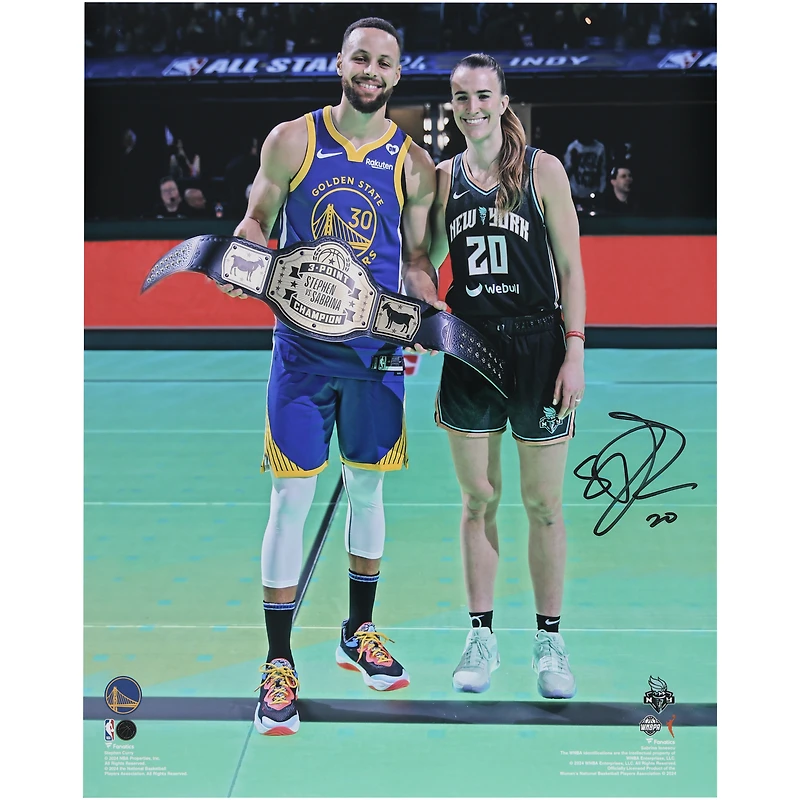 Sabrina Ionescu New York Liberty Autographed 16" x 20" 3-Point Contest Title Belt with Steph Curry Photograph