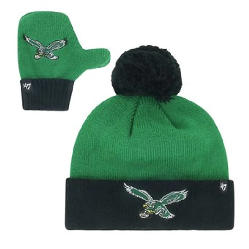 Infant '47 Midnight Green/Black Philadelphia Eagles Bam Bam Cuffed Knit Hat with Pom & Mittens Set