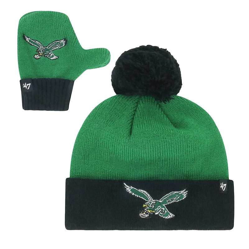 Infant '47 Midnight Green/Black Philadelphia Eagles Bam Bam Cuffed Knit Hat with Pom & Mittens Set