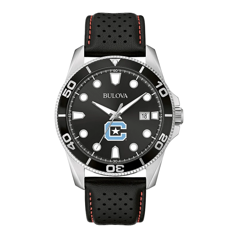 Men's Bulova Black Citadel Bulldogs Corporate Collection Leather Strap Watch