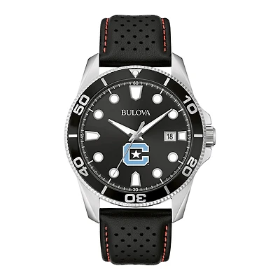 Men's Bulova Black Citadel Bulldogs Corporate Collection Leather Strap Watch