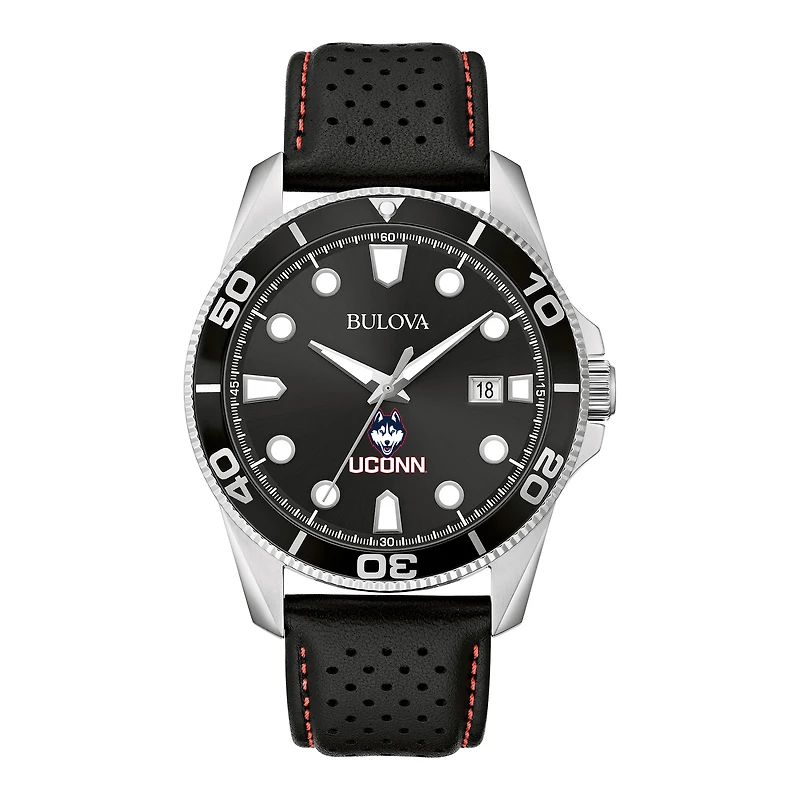 Men's Bulova Black UConn Huskies Corporate Collection Leather Strap Watch