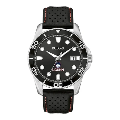 Men's Bulova Black UConn Huskies Corporate Collection Leather Strap Watch