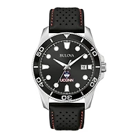 Men's Bulova Black UConn Huskies Corporate Collection Leather Strap Watch