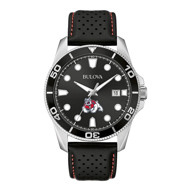 Men's Bulova Black Fresno State Bulldogs Corporate Collection Leather Strap Watch