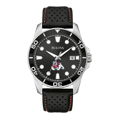 Men's Bulova Black Fresno State Bulldogs Corporate Collection Leather Strap Watch