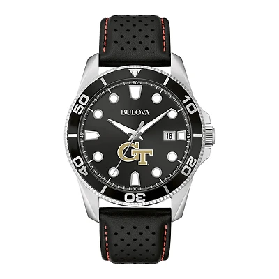 Men's Bulova Black Georgia Tech Yellow Jackets Corporate Collection Leather Strap Watch