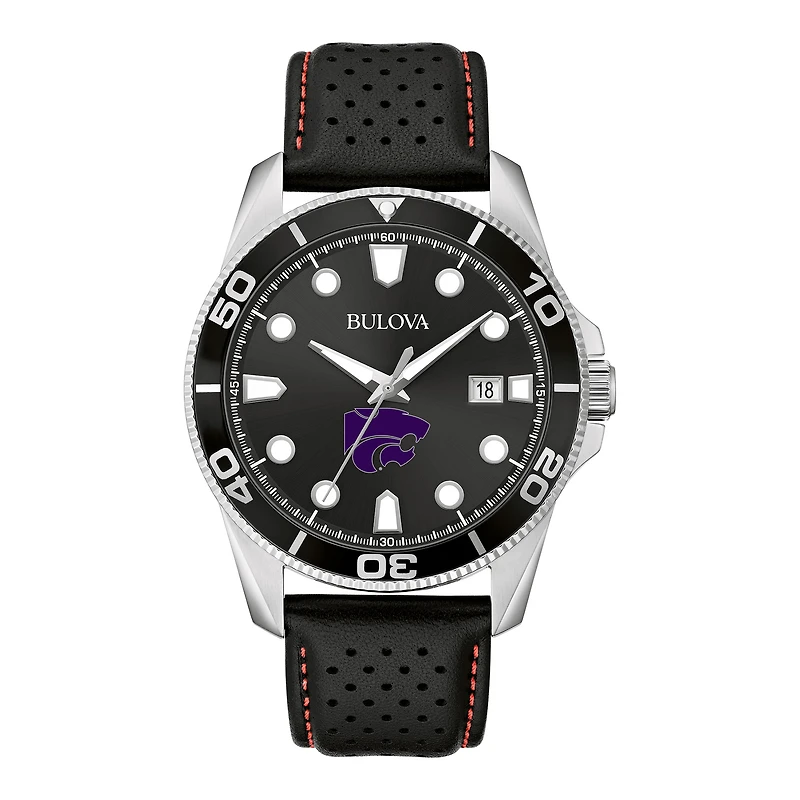 Men's Bulova Black Kansas State Wildcats Corporate Collection Leather Strap Watch