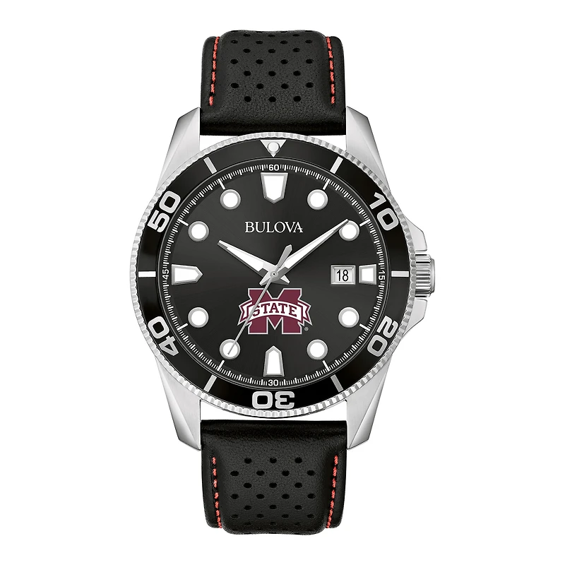 Men's Bulova Black Mississippi State Bulldogs Corporate Collection Leather Strap Watch