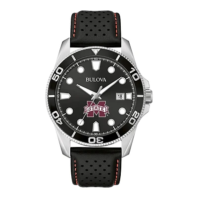 Men's Bulova Black Mississippi State Bulldogs Corporate Collection Leather Strap Watch