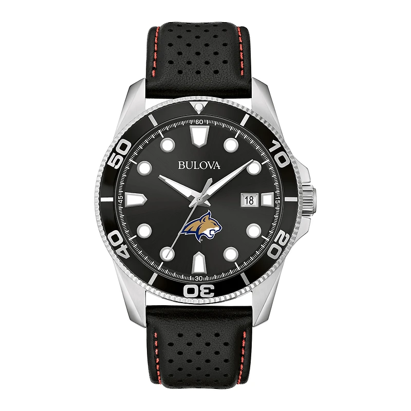 Men's Bulova Black Montana State Bobcats Corporate Collection Leather Strap Watch