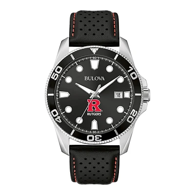 Men's Bulova Black Rutgers Scarlet Knights Corporate Collection Leather Strap Watch